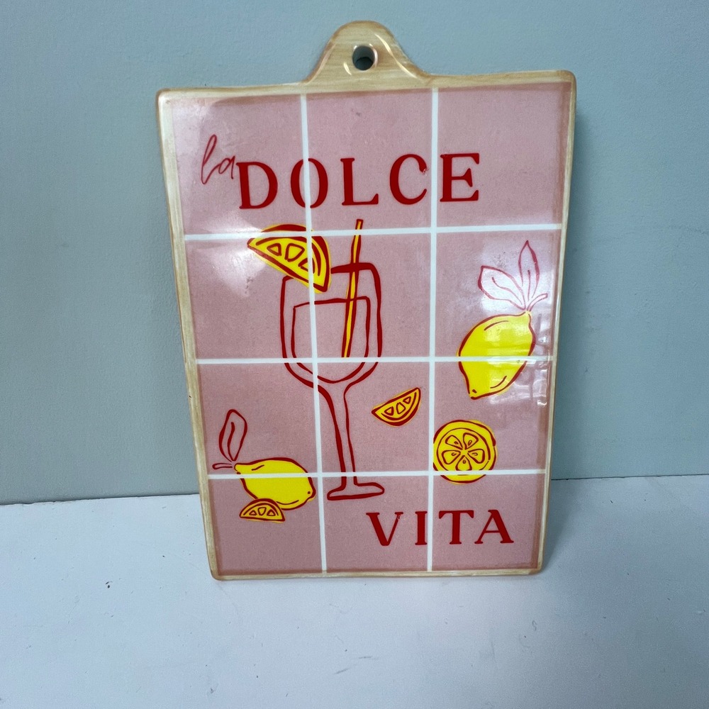 La Dolce Vita Earthenware Trivet Tile Pink Lemon Cocktail Decor 8.5" Pool Party